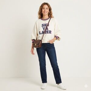 Chasor Ski Ya Kater Graphic Sweathshirt Cream Pullover Pink Blue Trim Retro Cozy